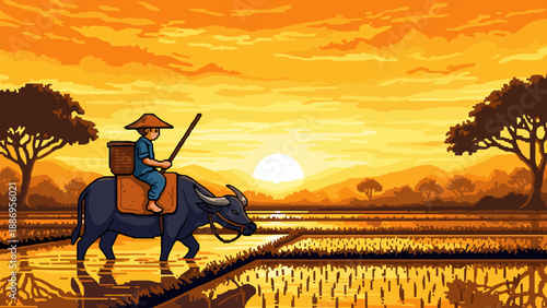 Farmer riding a water buffalo through flooded rice paddies at sunset in a pixel art style