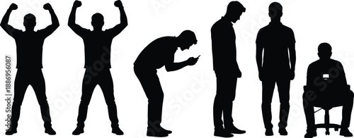 Male silhouette vector set, men standing and sitting poses, celebration arms up, looking at phone, and sad emotions isolated on white.