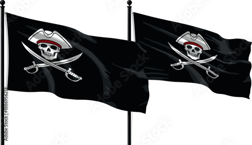 Vector illustration set featuring waving black pirate flags with captain skull bicorne hat and crossed cutlasses for adventure designs