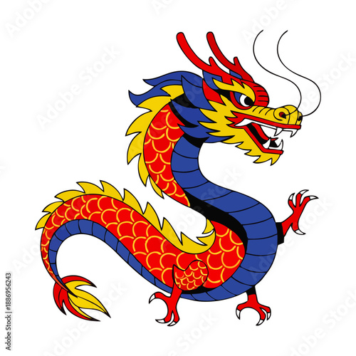 A colorful dragon with red, blue, and yellow scales and smoke coming out of its mouth, set against a clean white background.
