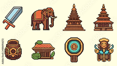 Pixel art icons depicting asian culture and mythology elements