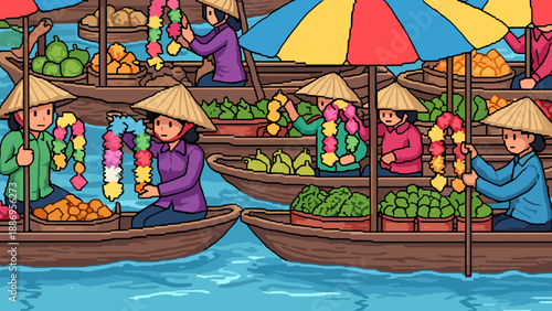 Floating market scene with vendors in boats selling colorful garlands and fresh produce