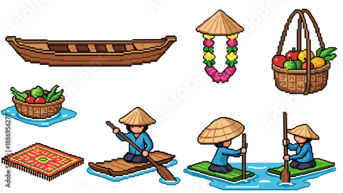 Pixel art southeast asian traditional boats and culture elements