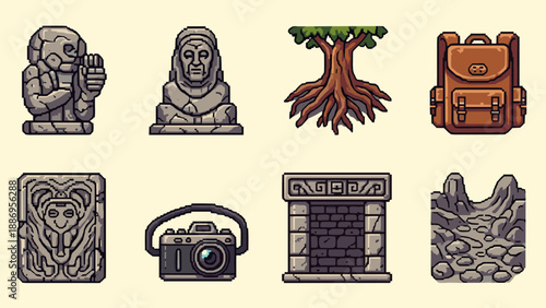 Pixel art collection of ancient statues, backpack, tree, camera, and landscape elements