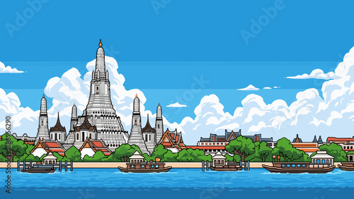 Retro pixel art of riverside temple with boats and scenic sky