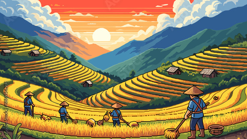 Farmers harvesting rice at sunset in vibrant mountain landscape