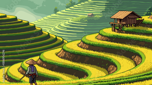 Serene pixel art of a farmer in lush rice terraces landscape