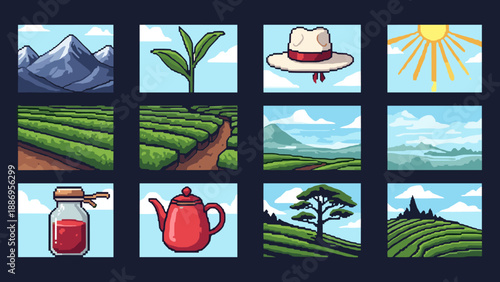 Colorful pixel art tea plantation elements with mountains and nature