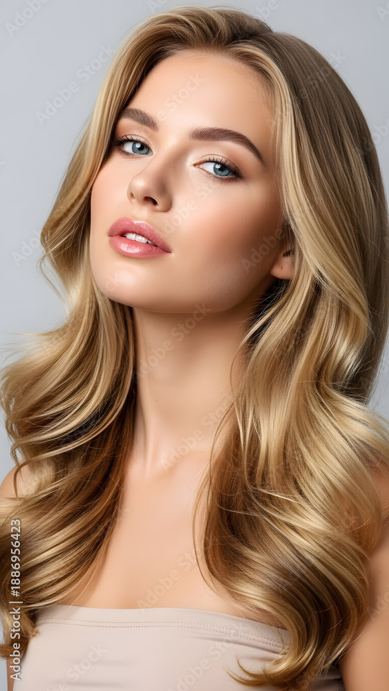 Naklejka premium Long voluminous blonde wavy hair styling tips for women | Professional beauty portrait of model with glossy pink lips and blue eyes | Healthy luxurious honey blonde hair with highlights studio shoot |
