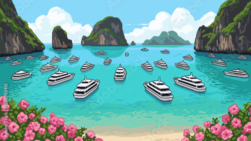 A picturesque bay filled with numerous yachts anchored in clear turquoise waters, surrounded by lush green islands