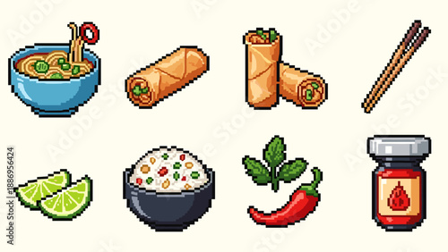Set of pixel art asian food icons with noodles, spring rolls, and more