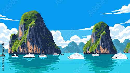 Tropical island landscape with cruise ships sailing in turquoise waters under a blue sky