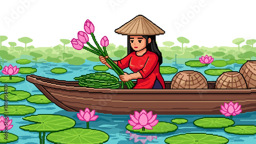 Traditional pixel art of a woman in a boat harvesting lotus flowers on a serene pond