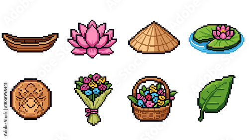 Pixel art collection: lotus, hat, boat, and floral elements in retro style