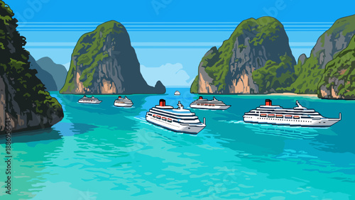 Pixel art cruise ships in scenic tropical bay with lush green cliffs