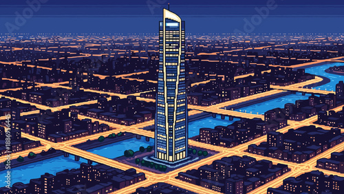 Pixel art skyscraper illuminates a sprawling cityscape at night with glowing rivers and streets