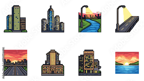 Pixel art cityscapes and nature scenes with streetlights and sunsets