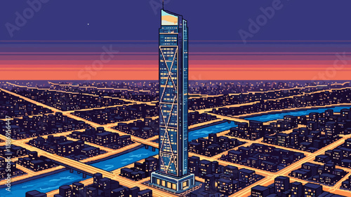 Pixel art skyscraper dominates a city skyline at dusk with glowing lights and a vibrant sunset