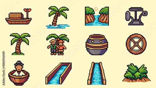 Retro pixel art: tropical island adventure with scenic waterfalls