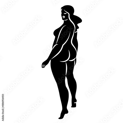 Silhouette of the figure of a slender naked woman. The girl is standing, she is overweight. A lady full of beauty and sexuality. Vector illustration.