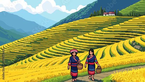 Two women in traditional clothing walk through vibrant golden rice terraces on a sunny day