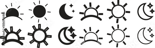 A collection of black and white icons depicting various weather and time-of-day symbols, including sun, sunrise, sunset, moon, and stars in both filled and outline styles.