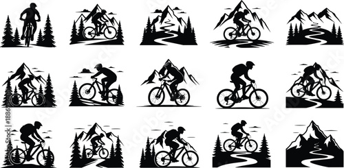 mountain bike silhouettes, extreme sport vector icons of cyclists riding in nature isolated for adventure and outdoor logo concepts.