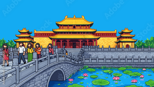 Pixel art asian temple with bridge and lotus pond
