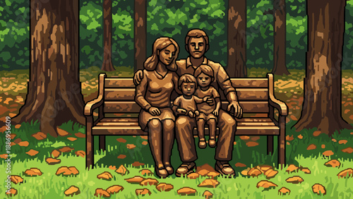 Family enjoying autumn on a park bench in a retro video game style