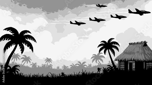 Silhouette of fighter jets flying over a tropical landscape with a hut and palm trees