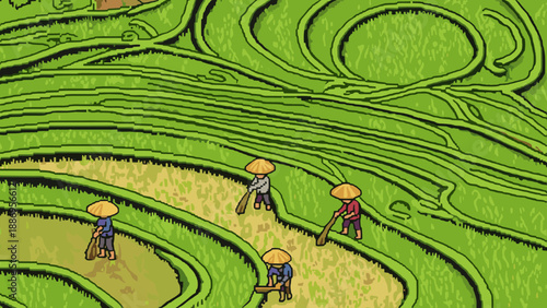 Farmers in conical hats working on lush green terraced rice paddies in a stylized illustration