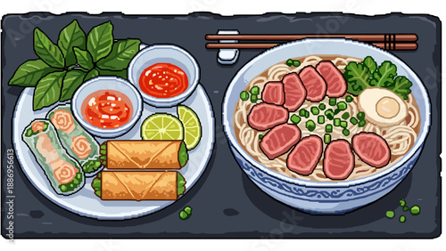 Vietnamese cuisine with pho bowl and fresh spring rolls in pixel art style