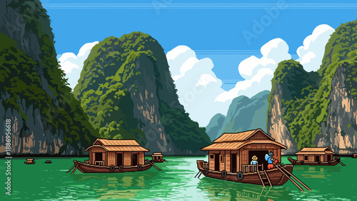 Pixel art scenery: floating houses and mountains on pristine waters