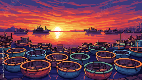 Pixel art harbor at sunset with traditional basket boats and cargo ships in the distance