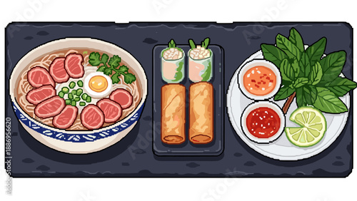 Pixel art asian cuisine: pho, spring rolls, and fresh herbs on slate