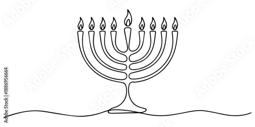 Continuous one line art drawing of a hanukkah menorah with burning candles Vector, illustration, Menorah Continuous one line drawing of a traditional jewish candle. Vector illustration, Hanukkah