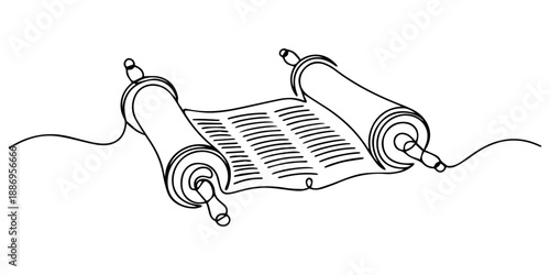 Torah scroll and heart. One continuous line drawing illustration of jewish Torah scroll, Torah scroll. One continuous line drawing.Vector illustration, Torah scroll. One continuous line drawing.Vector