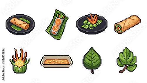 Pixel art thai cuisine icons: spring rolls, leaf, and street food delights