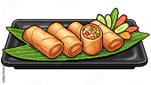Pixel art spring rolls with vegetables on leaf plate