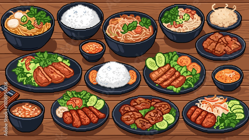 Traditional asian cuisine: diverse dishes in pixel art style
