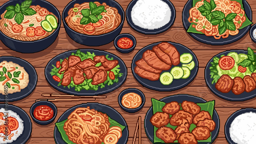 Retro pixel art of diverse asian dishes on wooden table, featuring noodles, rice, and fried delicacies