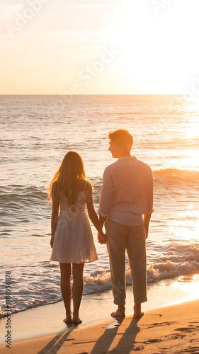 Young couple holding hands walking on beach at sunset with ocean waves