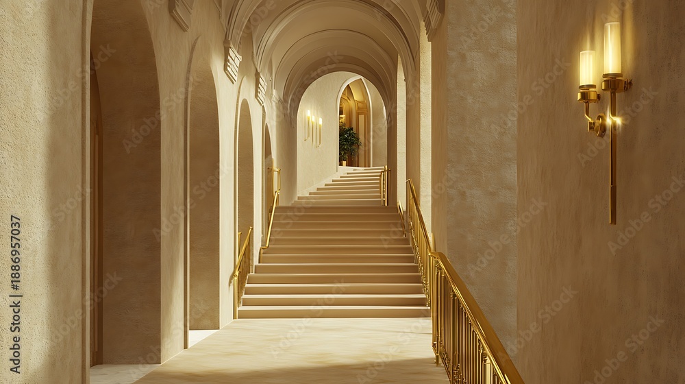 Fototapeta premium Endless Arched Hallway with Golden Staircase and Ambient Lighting