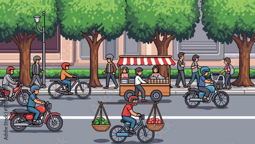 Pixel art scene of a busy street with vendors and commuters in a city