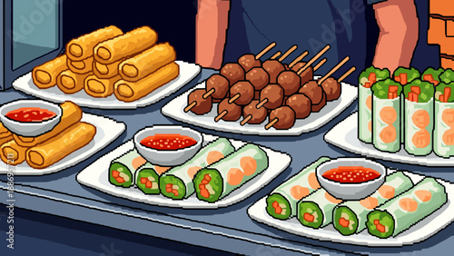 Pixel art street food stall with spring rolls, meatballs, and fresh rolls