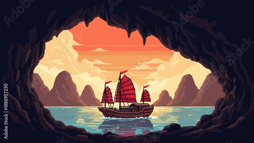 Pixel art junk boat sails through a cave opening at sunset with karst mountains