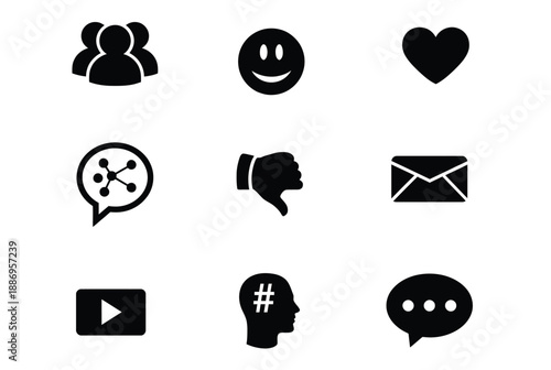 A collection of black social media and communication icons on a white background