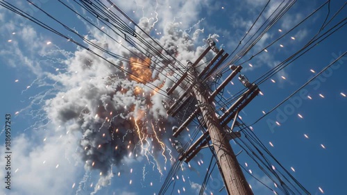 A power pole is engulfed in smoke, sparks, and flashes of light