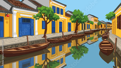 Charming canal scene with traditional yellow buildings and boats in Hoi An, Vietnam