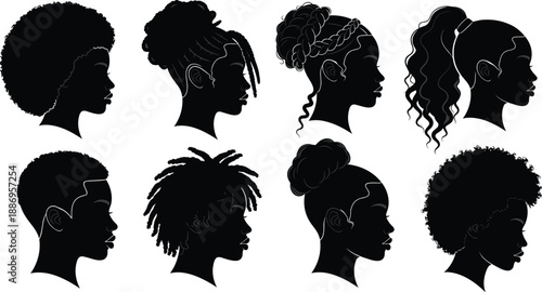 Set of black silhouette profiles of African American men and women with various natural hairstyles like afros and braids for beauty salon vector design.